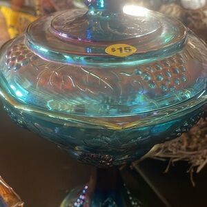Iridescent Glass Compote with Grape Design